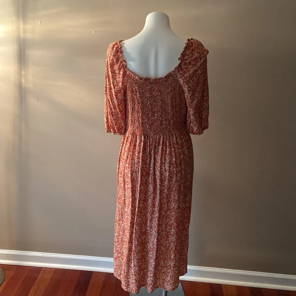 Sincerely Jules Women’s Orange Floral Smocked Midi Dress With Slits Size Small